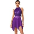 thumbnail image 5 of Aislor Women Ruched Metallic Mesh Lyrical Dance Dress Irregular Ballet Leotard Modern Contemporary Purple M, 5 of 7