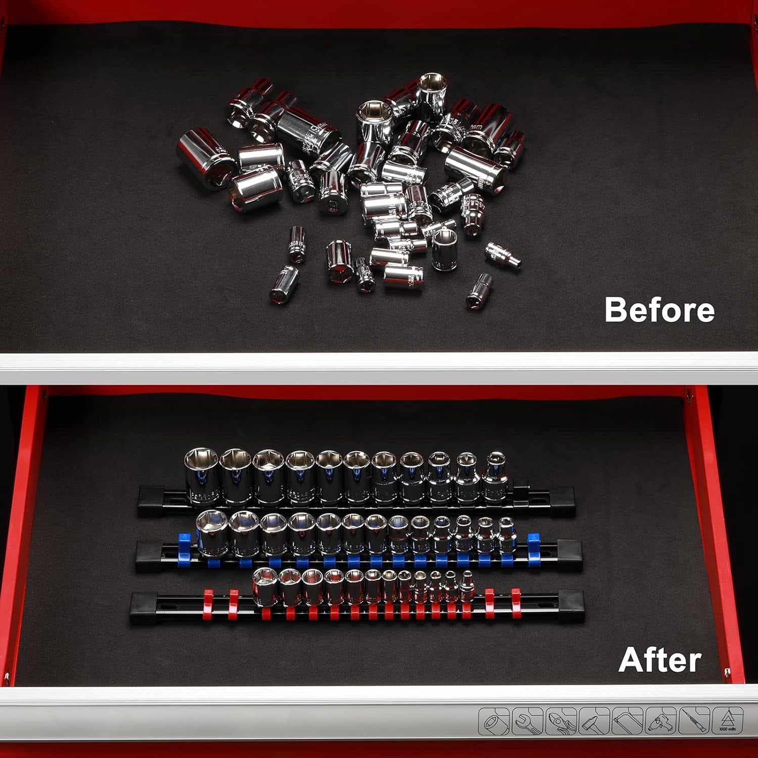 Mayouko Pro 12PCS ABS Socket Organizer, Portable Socket Rail Holder for Toolbox, 1/4 Inch x 48 Clips, 3/8 Inch x 90 Clips, 1/2 Inch x 36 Clips