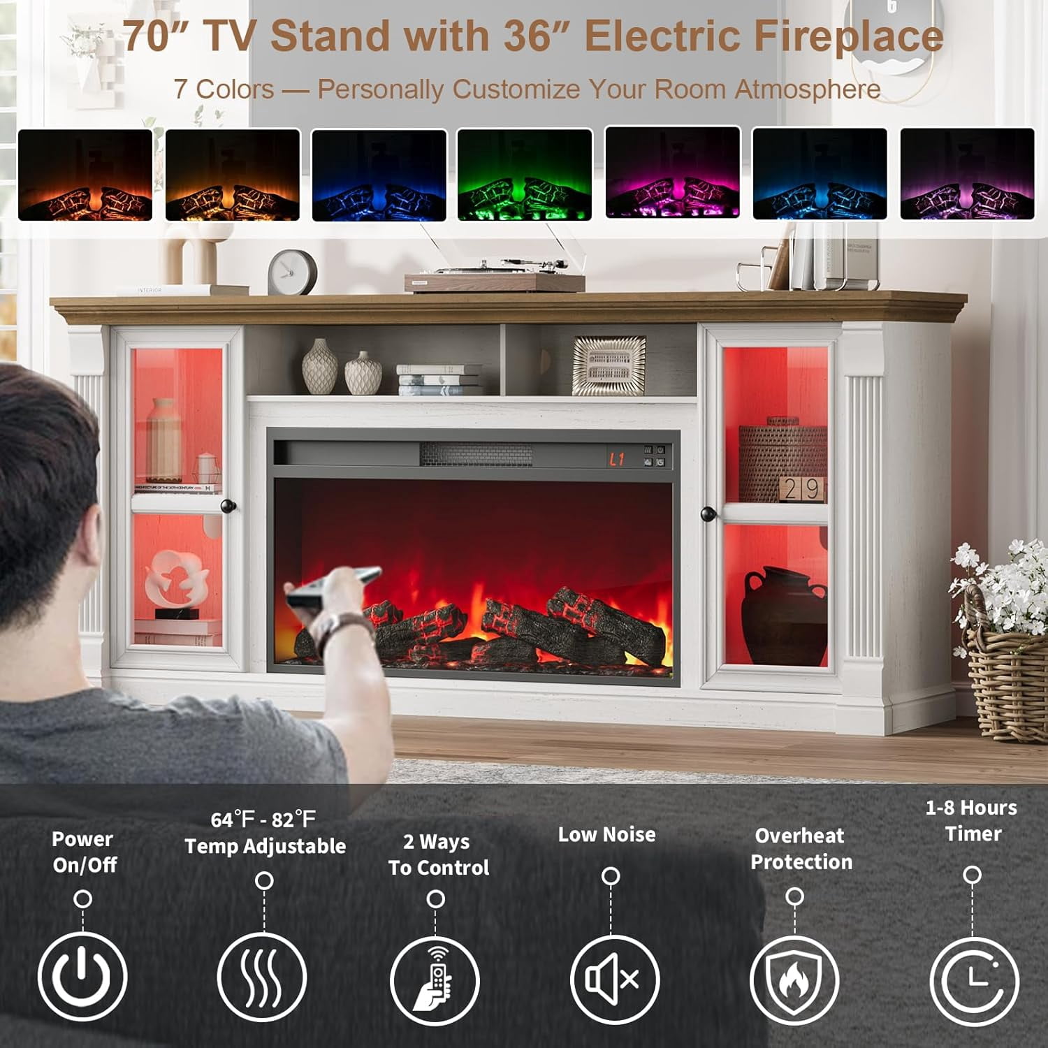 Vecenuy Farmhouse Fireplace TV Stand for 80" TVs, 70" Highboy Entertainment Center with 36" Electric Fireplace & LED Lights, Media Console with Adjustable Shelves for Living Room, Antique White