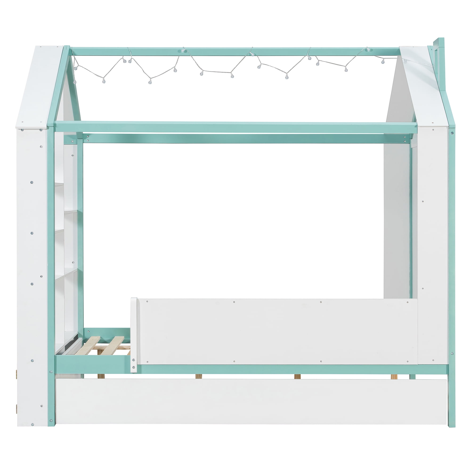 Full Size House Bed Frame with Pull-Out Trundle, Tail End Storage Shelves and Cool White LED Lights, White+Blue