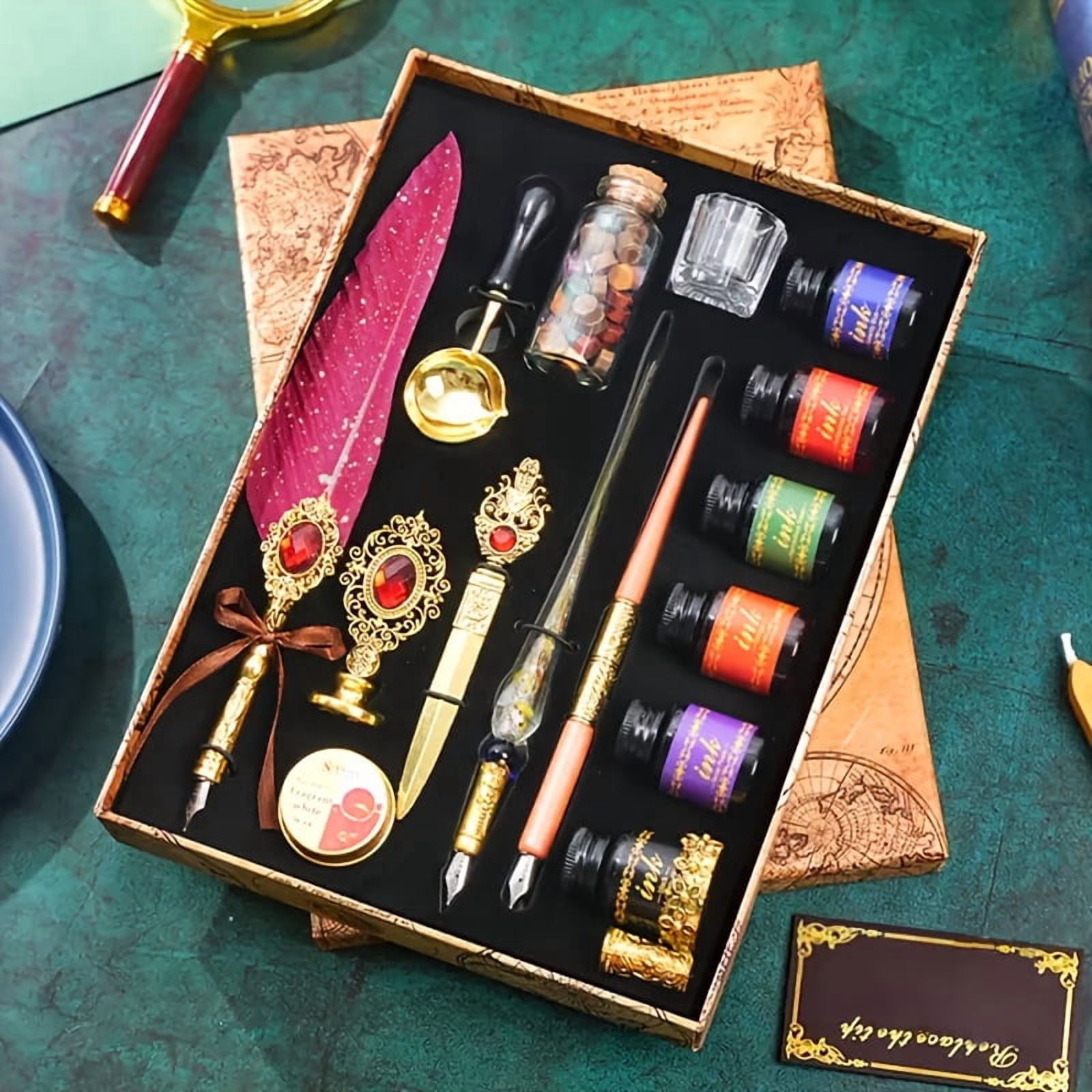 Red Feather Pen and Ink Set, Writing Quill Pen with Ink, Brass Wax Seal Stamp, Metal Dip Pen Holder, Letter Paper, Wax Seal Beads, Tealight, Retro Gift Box, Unique Birthday Gifts for Him