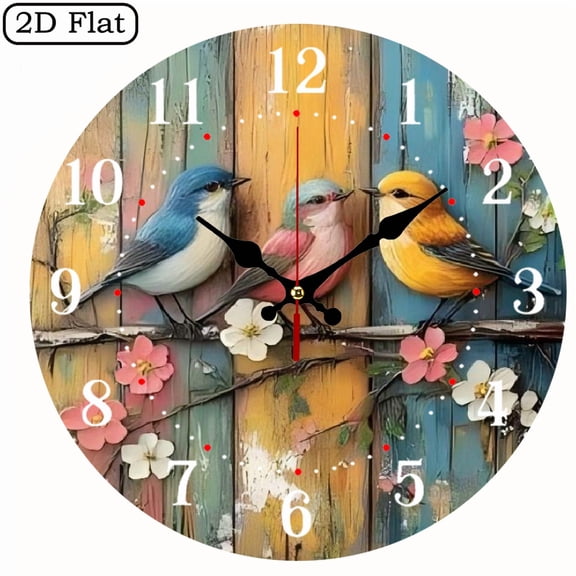 The 10-inch 2D flat "Colorful birds on the branches" silent wooden wall clock is an ideal gift for Halloween, Easter and Christmas