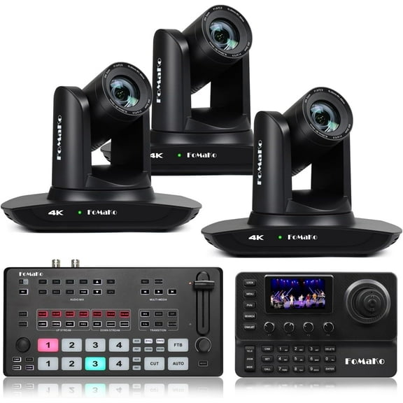 FoMaKo 4K PTZ Camera HDMI, AI Auto-Tracking, 4K 20X Optical Zoom(3pcs),KC606 PTZ Controller, M2 Video Switcher,for Church Worship Education Conference Events, PTZ Bundle(K20UH X3 M2 KC606)