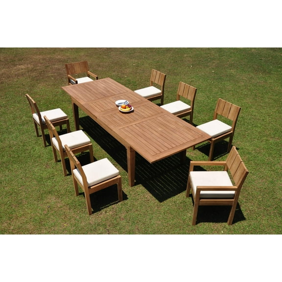 Grade-A Teak Dining Set: 8 Seater 9 Pc: 122" Caranas Double Extension Rectangle Table And 8 Veranda Chairs (2 Arm & 6 Armless Chairs) WholesaleTeak #WMVR24
