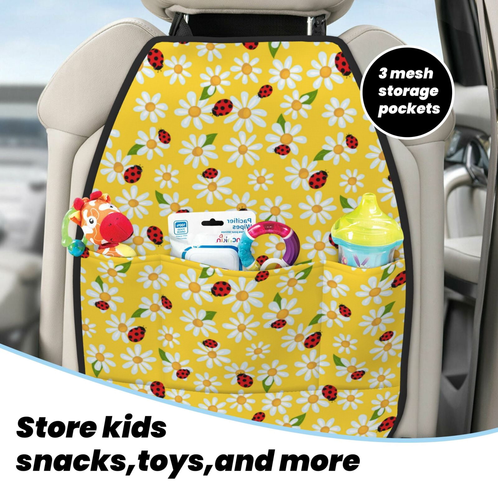 Naloa Chamomile And Ladybug 2Pcs Anti-Kick Back Seat Cover Kick Mat, Car Seat Protector with 3 Storage Pockets
