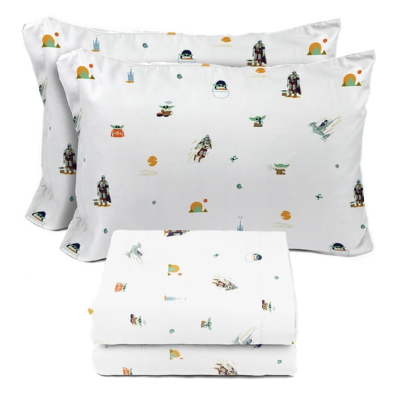 Sunny Side Up Kids Sheet Set with Fitted, Flat Sheets & Pillow Cover - Ultra-Soft Bedding with Pillowcase for Room Decor, White - The Mandalorian, 4 Piece Full