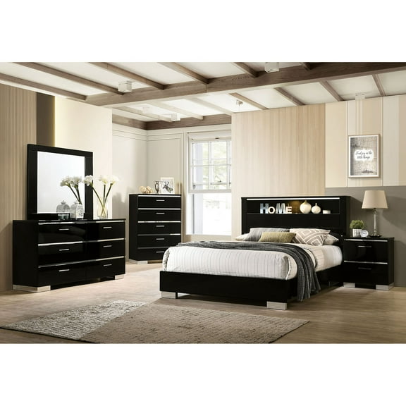 Black High Gloss Lacquer Coating Queen Size Bed 4pc Set Dresser Mirror Nightstand w USB Chrome Legs Contemporary Bedroom Furniture
