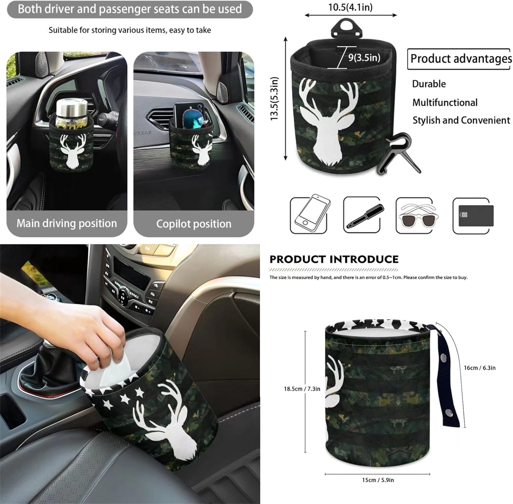 Jeiento Deer 12 PCS Front Car Seat Covers Set with Steering Wheel Cover Seat Belt Strap Pad Armrest Pad Trash Bag Phone Holder Rearview Mirror Cover Cup Holder Key Chain American Flag Camo Hunting