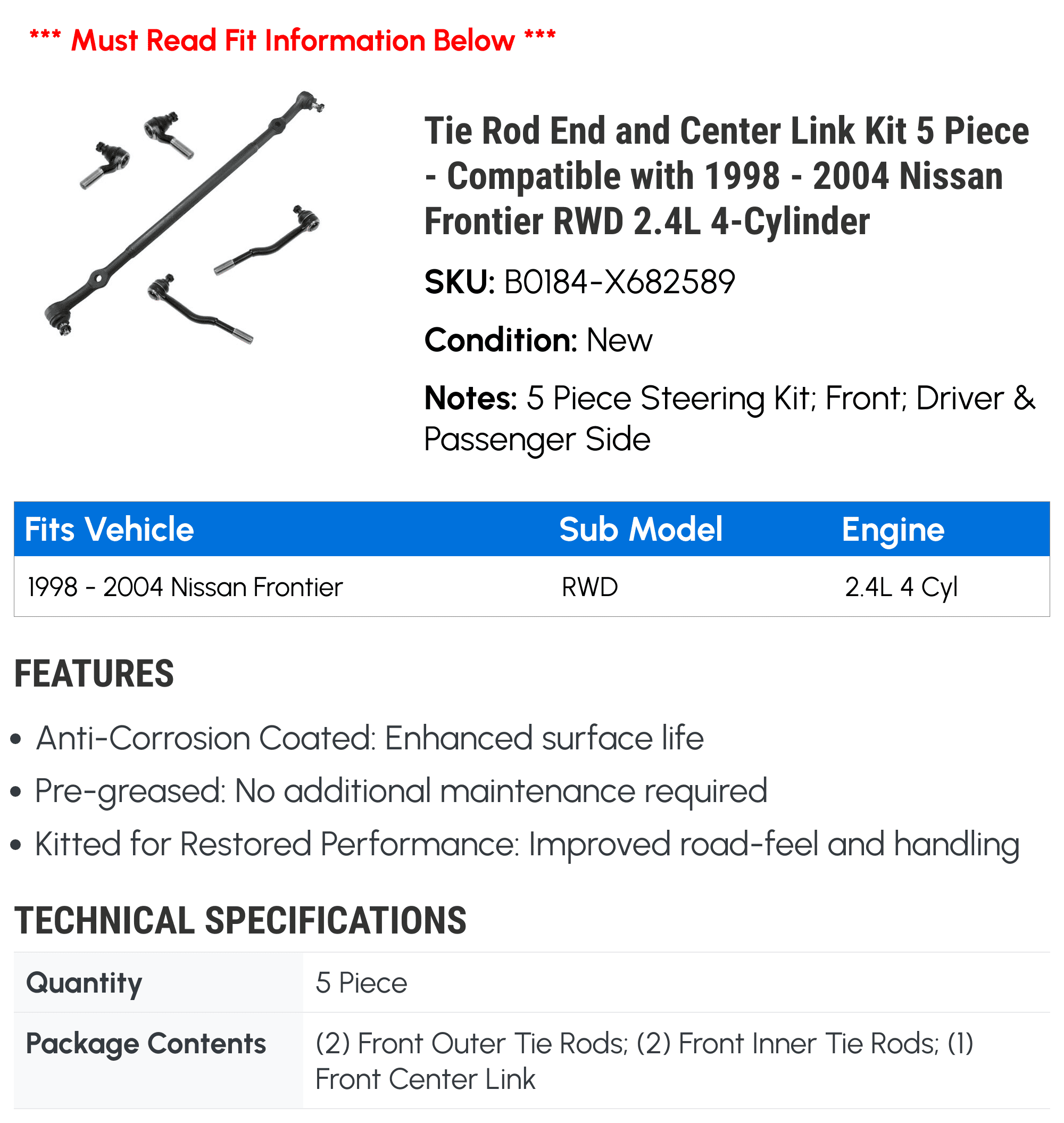Tie Rod End and Center Link Kit 5 Piece - Compatible with 1998 - 2004 Nissan Frontier RWD 2.4L 4-Cylinder 1999 2000 2001 2002 2003