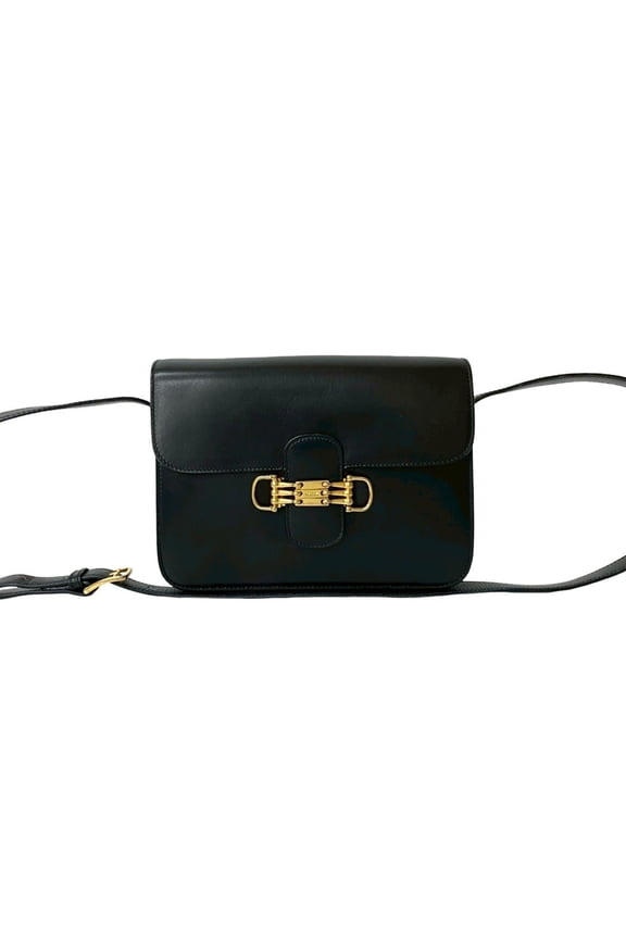 Pre-Owned CELINE 3-Row Horsebit Calf Leather Shoulder Bag/Pochette Black 43922 (Good)