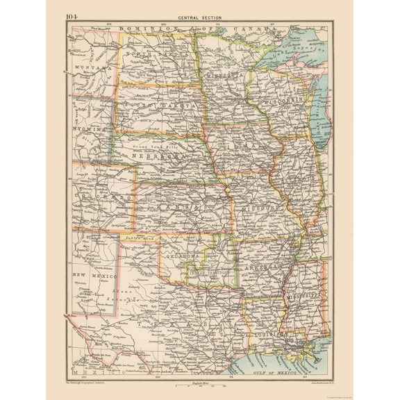 Historic Map - United States Central - Bartholomew 1892 - 23 x 29.88 - Vintage Wall Art