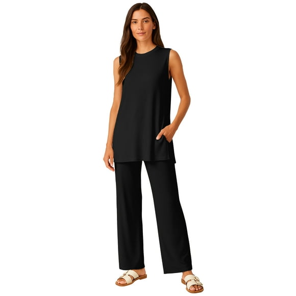 Moomaya Womens Viscose Jersey 2 Piece Lounge Set - Buttery Soft Tank Top and Wide Leg Pants with Pockets - Ladies Lounge Set