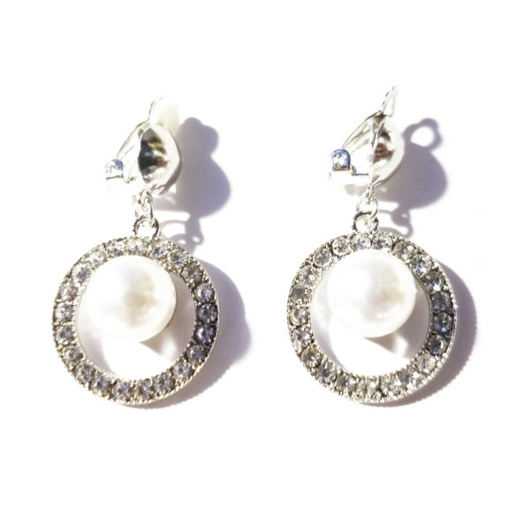 Clip-on Earrings Faux Pearl Ball Drop Dangle Silver Tone Crystal Clip Earrings 1.5 inch L