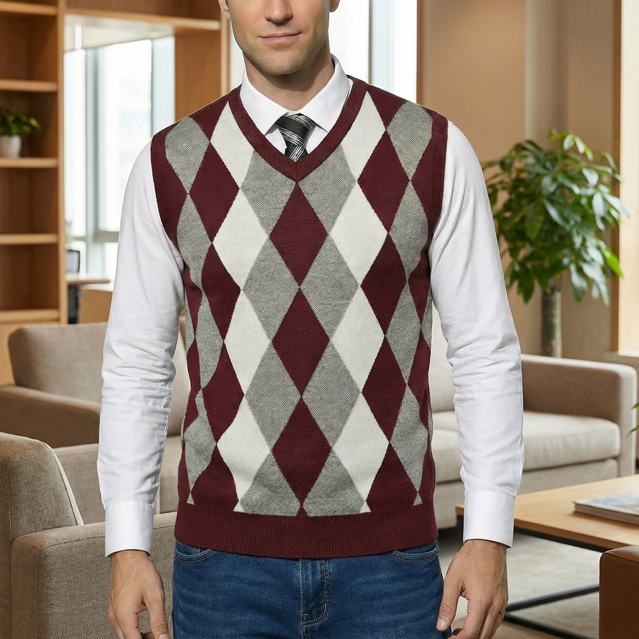 Coofandy Men's Casual Slim Fit V-neck Rhombus Business Knitwear Sweater Vest,X-Large,Wine Red