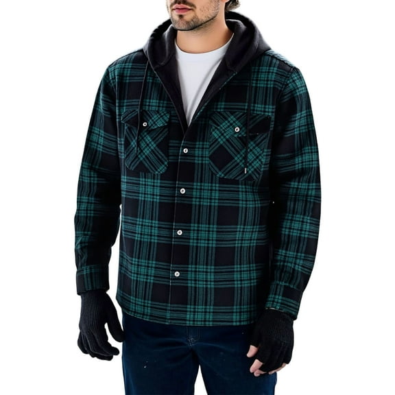 ZCFZJW Men's Thick Fleece Plaid Jacket Flannel Shirts Big and Tall Regular FIt Casual Fall Winter Sherpa Lined Full Snap Button Up Hoodie Warm Cardigan Outwear Coat with Pockets Army Green S