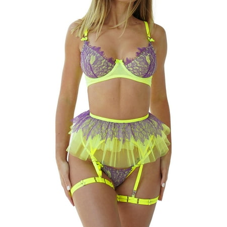 Yuhangmm Women s Sexy Underwear Fluorescent Green Lace Splicing Bra See Through Sexy Underwear Garter Belts Suit Womens Lace Robe Lingerie Long