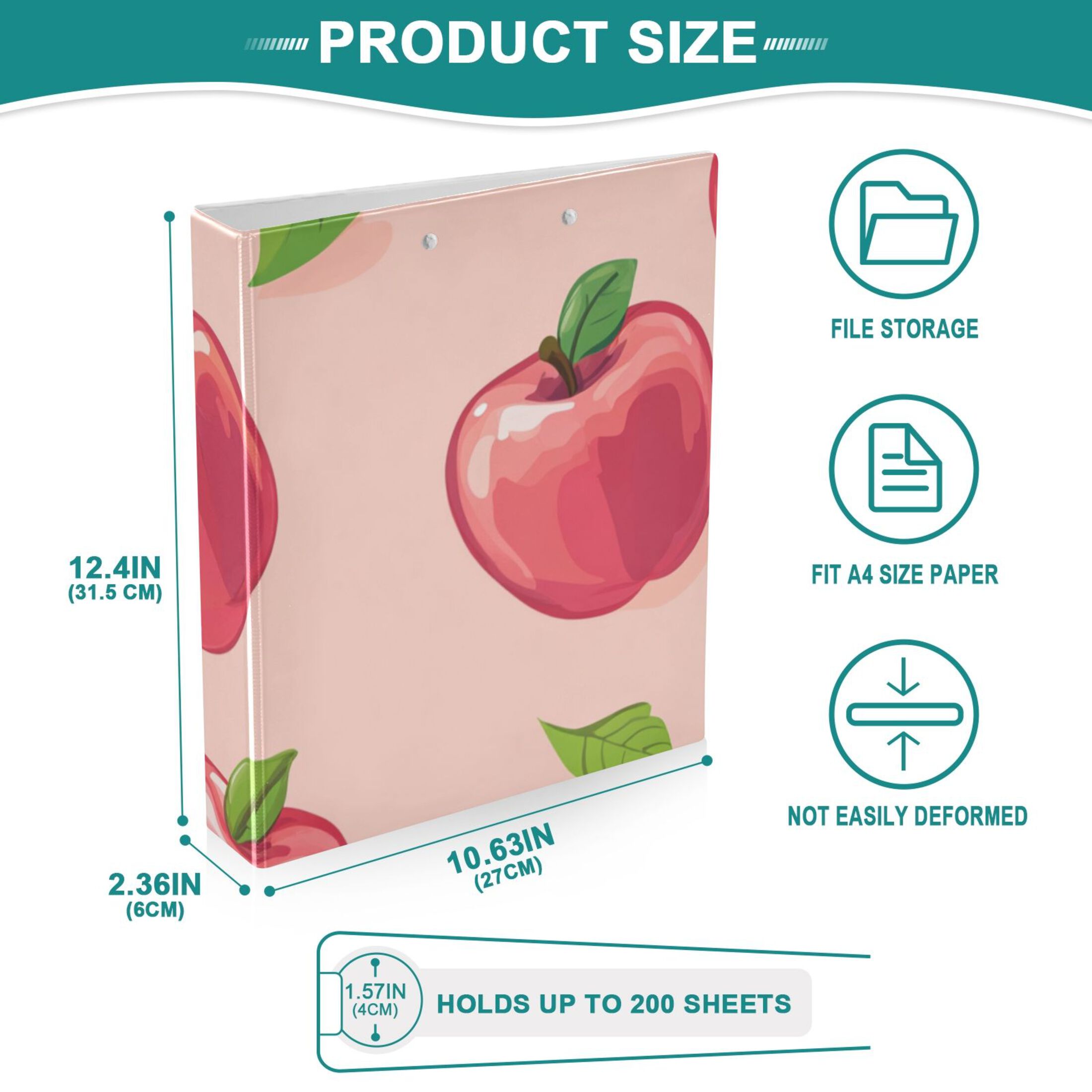 Pink Apples 3 Ring Binders 1.5 inch Hardcover File Folders with Interior Pockets A4 Size Organizer for School Office Hospital