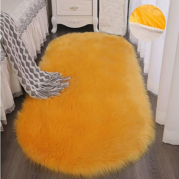 Fluffy Area Rugs Oval 1.9 x 4.9ft Soft Gold Yellow Shaggy Faux Fur Sheepskin Rug Comfortable Plush Carpet Bedroom Living Room Floor Mats
