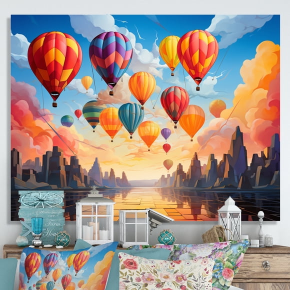Designart Grand Art Mural de Ballon à Air Chaud, Interprétation Cubiste Ballon à Air Chaud Coloré I, Décoration d'Art de Ballon à Air Chaud, Art Mural en Toile Moderne Multicolore, 40 X 30 Pouces