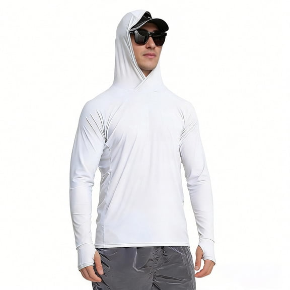 Eryao Mens Thumb Holes Long Sleeve Hooded Shirts Lightweight Stretchy UPF 50 Sun Protection Rash Guard,White,M