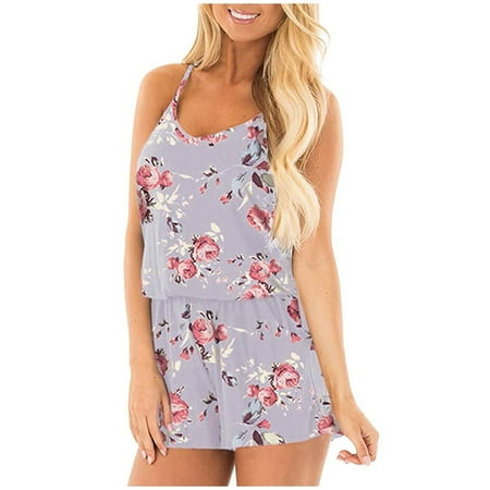 

Womens Summer Loose Floral Printed Jumpsuits Spaghetti Strap Comfy Short Pajamas Jumpsuit Rompers with Pockets