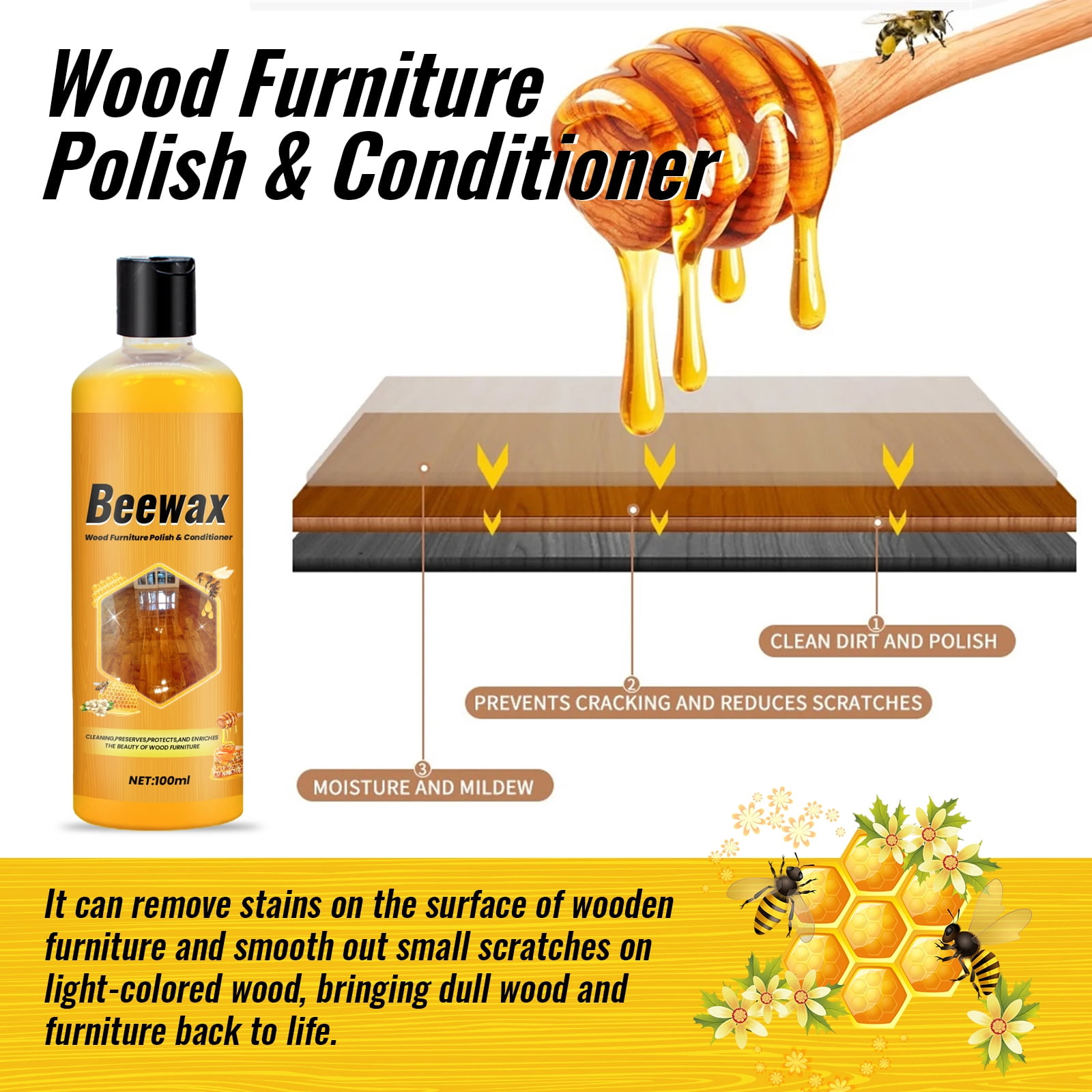 Alvantor Beeswax Wood Polish and Conditioner for Furniture, Waterproof and Restorer Wood Wax, Multipurpose Beeswax Furniture Cleaner, 3.38fl.oz