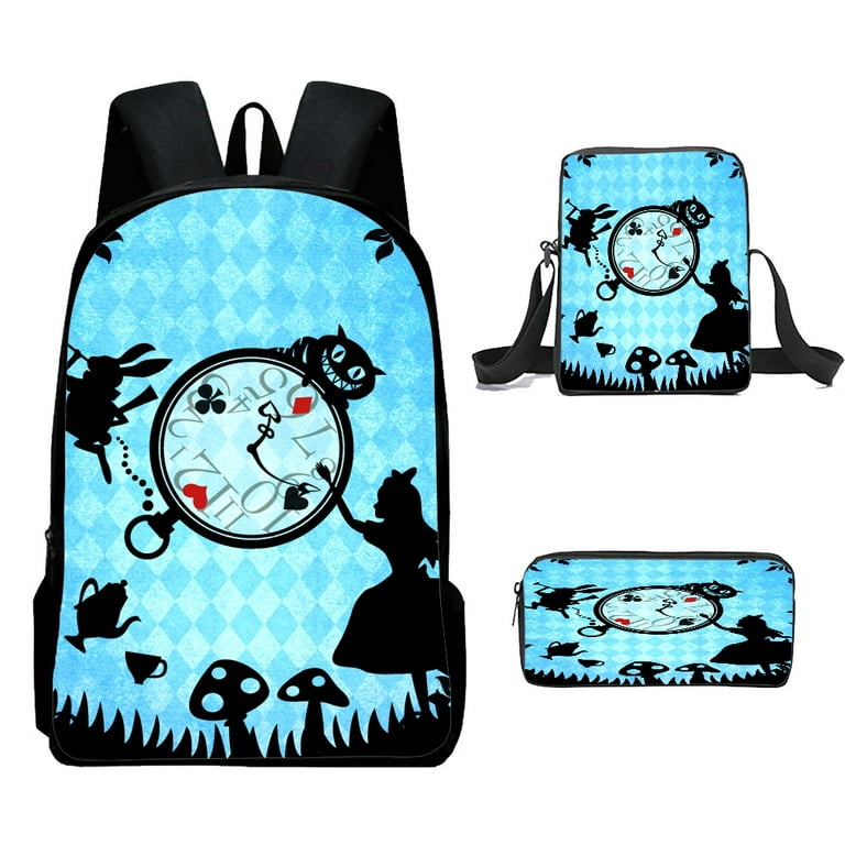 Alice in Wondenland Students Backpack Pretty Unique Art Travel Bag with  Crossbody Bag and Pen Bag 3Pcs/Set for Boys and Girls for Dating and Travel  