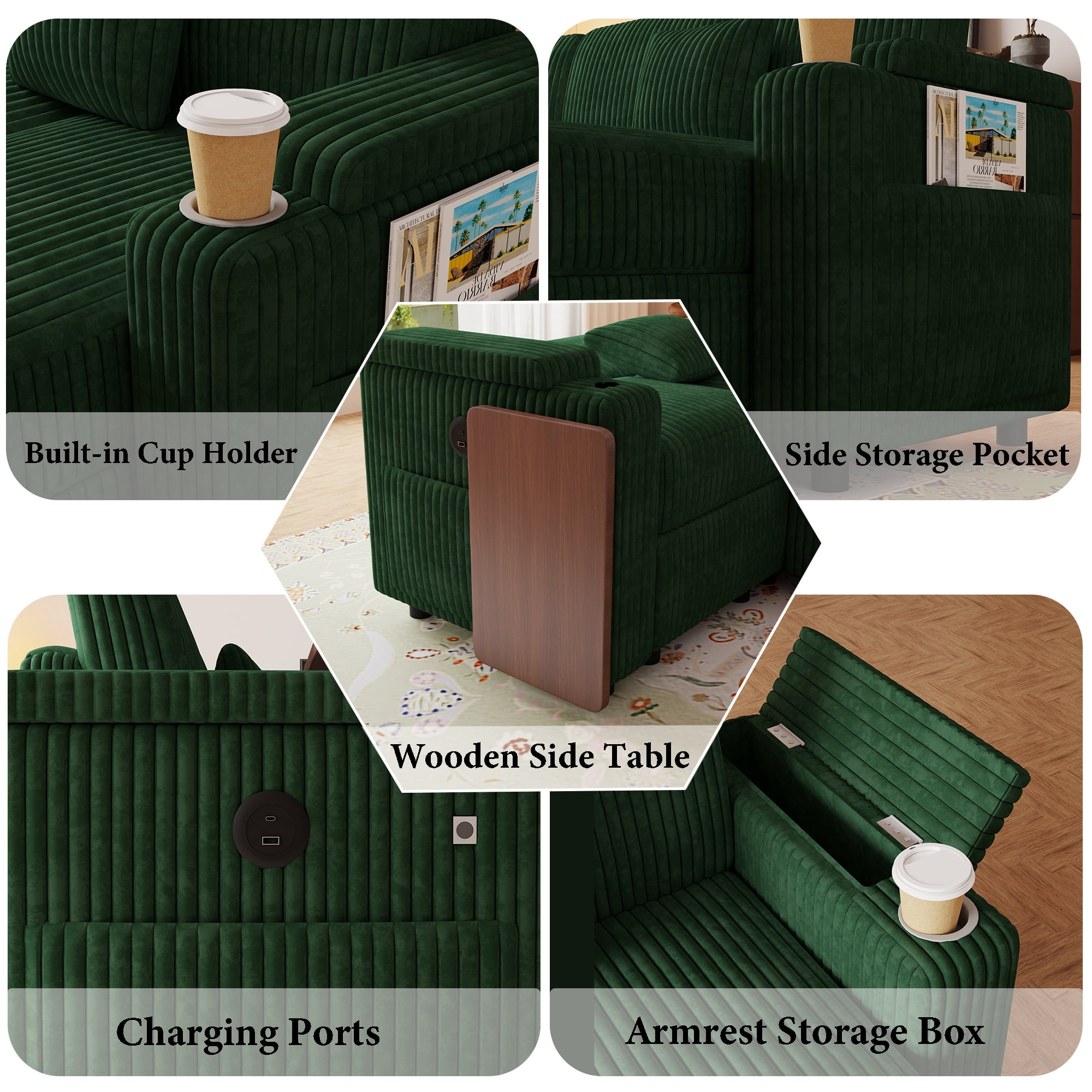 Howcool 100" Oversized Sleeper Sectional Sofa with Pull-Out Bed,U-Shape Corduroy Modular Sofa Couch with USB Ports & Storage,Green