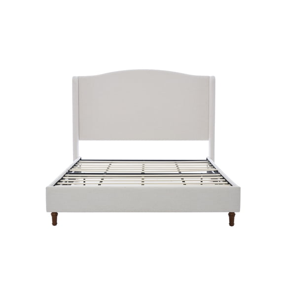 Hannah Upholstered Wingback Bed Size Queen / Tall 54" Headboard Upholstered Queen Bed / Premium Textured Canvas Chenille Look Ivory / Minimalist Designs / No Box Spring Needed / Easy Assembly / Queen
