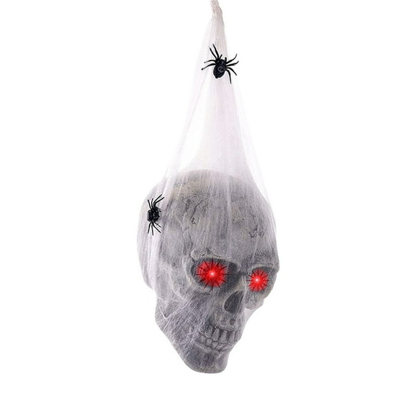 Wadada Halloween Outdoor Skull Decorations,10" Halloween Hanging Skeleton Spooky Voice Activated Decor with LED Red Eyes Spider for Halloween Party Haunted House Props Yard Indoor Outside Decorations