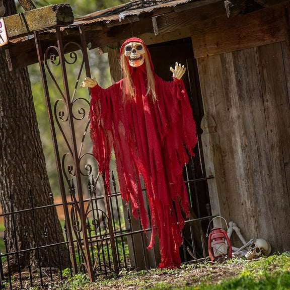 Morris Costumes 5.5 ft Light-Up Hanging Skeletal Reaper in Red Robes - Red