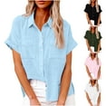 thumbnail image 7 of Lovskoo Cotton Linen Summer Tops for Women 2024 Button Down Collared Short Sleeve Tops Trendy Solid Color Button Shirt Lapel Loose T Shirt Blouse Olive Green, 7 of 7