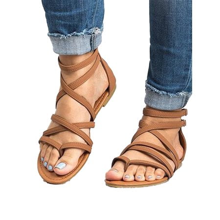 Sandals for Womens Flat Womens Summer Sandal Bohemian Casual Clip Toe Cross-Tied Flat Sandals Outdoor Beach Sandals 