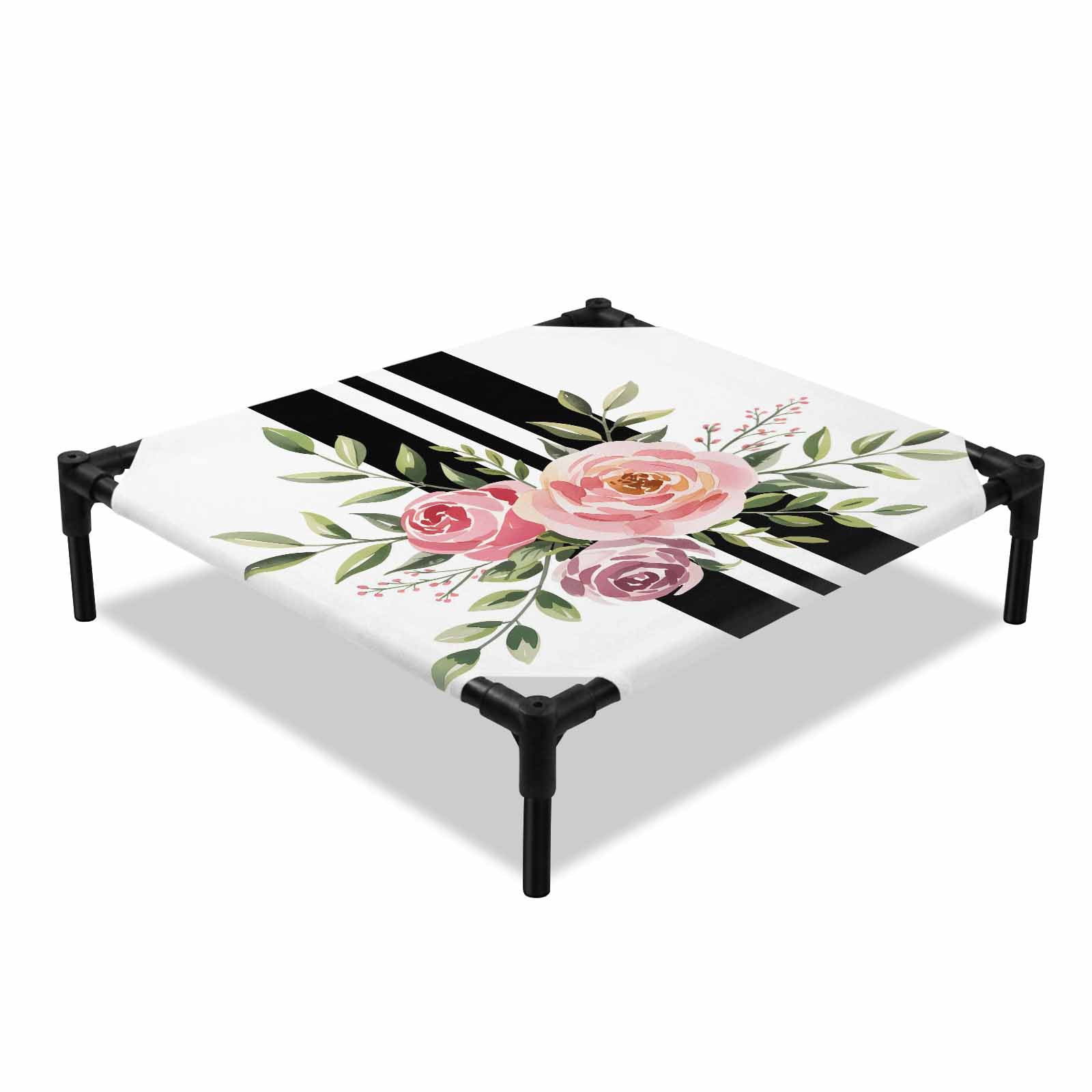 Valentine s Day Flower Elevated Dog Bed Watercolor Pink Rose Floral Green Leaf Black Stripes Cooling Breathable Outdoor Raised Dog Cot Bed with Metal Frame Non-Slip Feet for Small Dog 20x20in