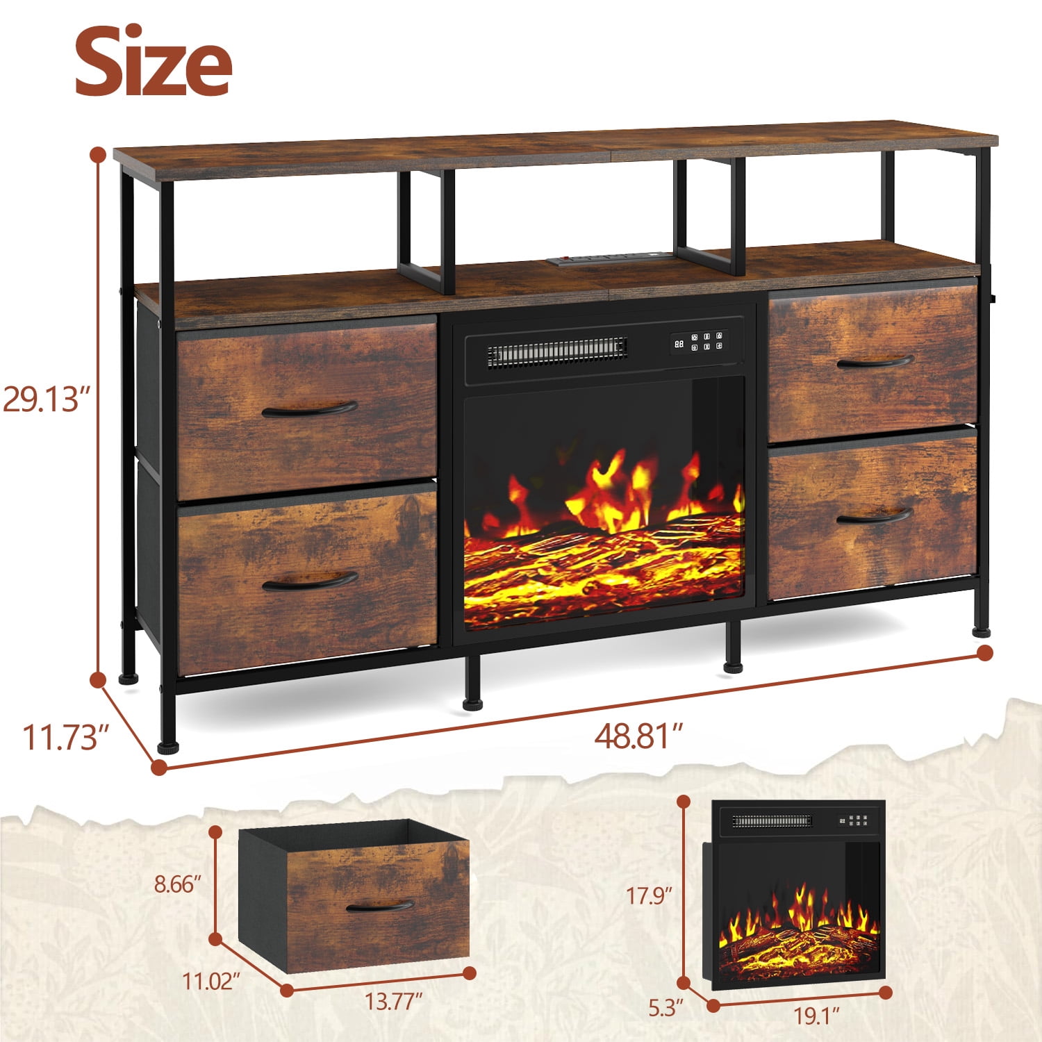 Waleaf Fireplace TV Stand with Fireplace, 49" Entertainment Center up to 55 inch TV,Dresser for Bedroom, Living Room with Power Outlets & LED Lights