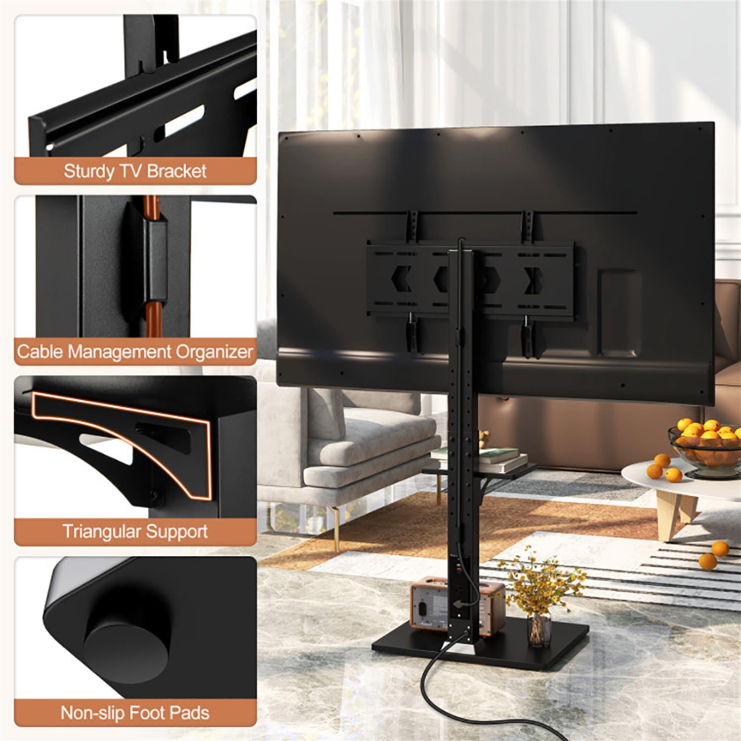Demi Bonn Universal Tilt TV Stand Base with Height Adjustable Floor, Power Outlet and Adjustable AV Shelf, for Media Storage and Space Saving, Black