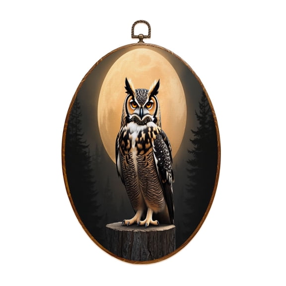 Owl Canvas Wall Art Cabin Rustic Animal Mystical Wildlife Artwork Owl Moon Night Tree Silhouettes Oval Framed Canvas Prints Vintage Wall Hanging Decor for Home Decorations 8.6"x11.4"