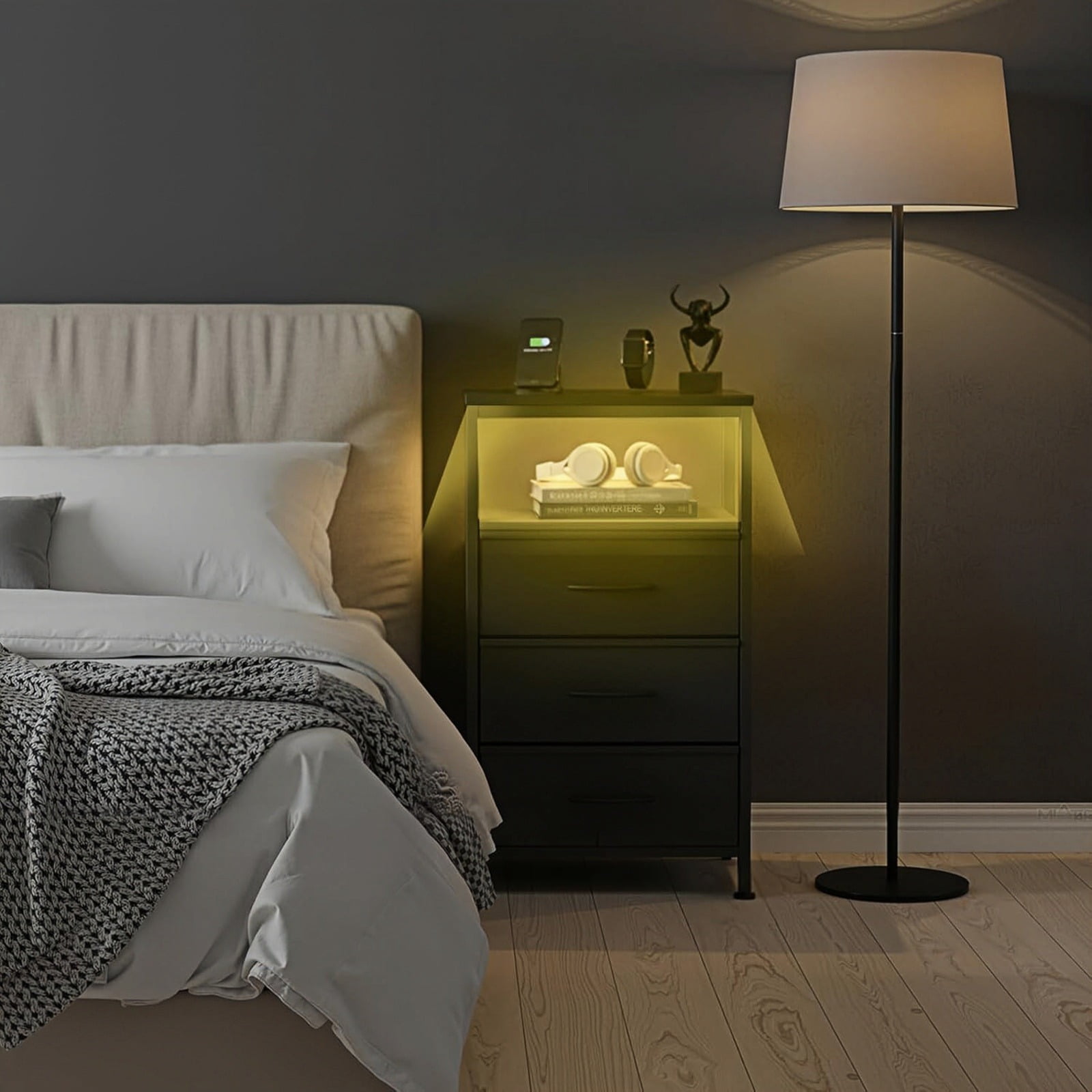 Nextay 3 Fabric Drawers Nightstand with Charging Station, LED Light Strip Bedside End Table with USB/Type-C Ports and Outlets & Adjustable Feet for Bedroom, Black