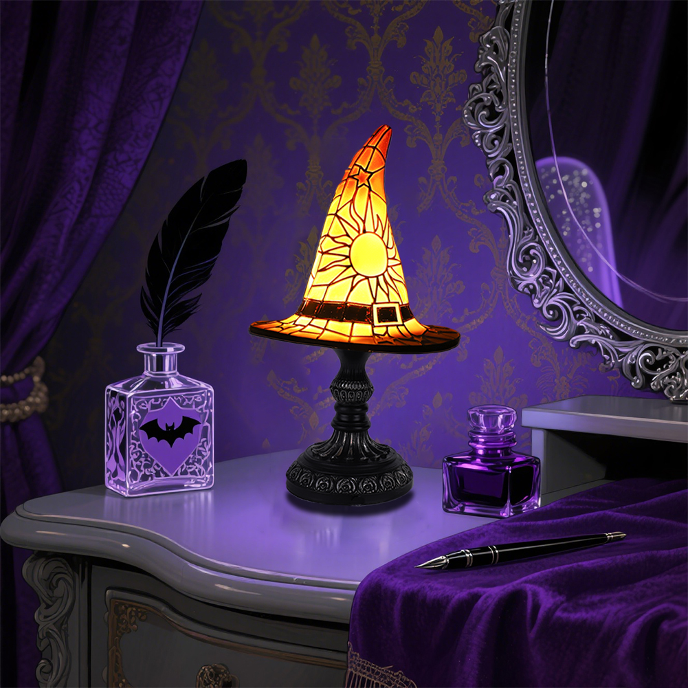 Stained Glass Witch Hat Lamp – LED Night Light With Resin Base, Gothic Fantasy Decor For Bedroom & Halloween Parties