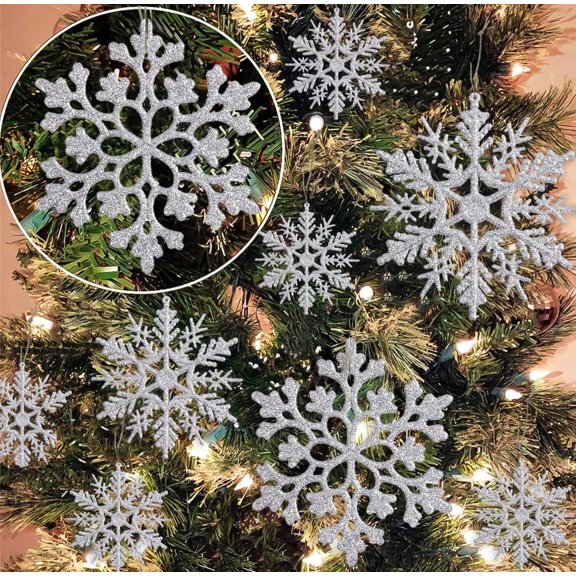 36 Pcs Silver Glitter Snowflake Ornaments Various Size Plastic Christmas Tree Decorations with Rope for Winter Wonderland Window Door Accessories