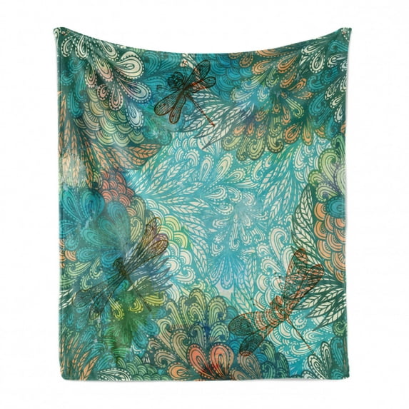 Dragonfly Soft Flannel Fleece Throw Blanket, Fantasy Flowers Mixed in Various Tones Shabby Form Feminine Beauty Print, Cozy Plush for Indoor and Outdoor Use, 50" x 60", Turquoise Amber, by Ambesonne