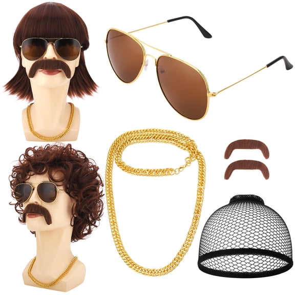 sixwipe 7 Pack 70s 80s Disco Wig Set, Short Brown Mens Mullet Wig, Kinky Curly/Straight Wigs with Mustache Glasses and Chain, Funny Costume Wigs for Rocker Hippies Halloween Cosplay Party