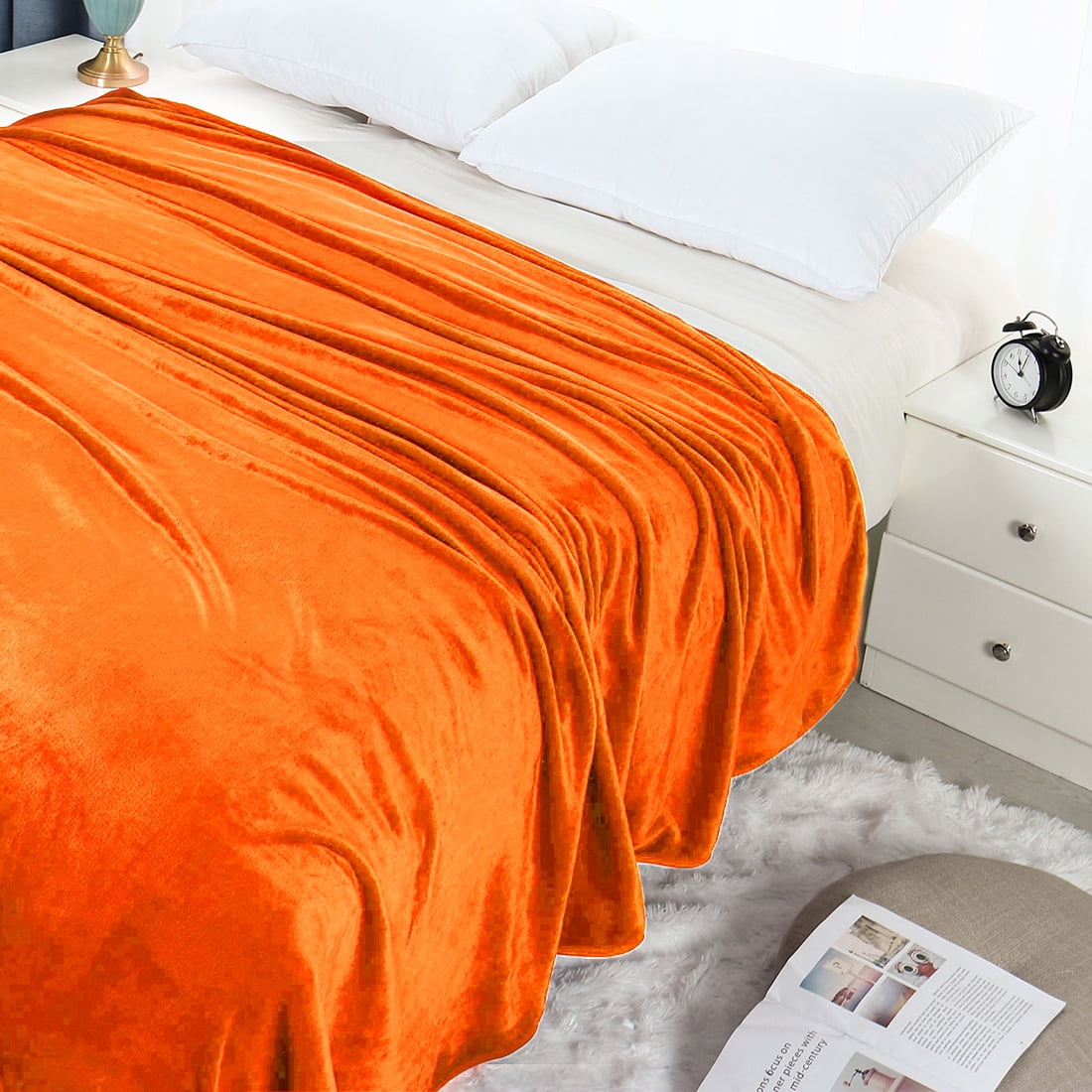 Unique Bargains Flannel Fleece Blanket Soft Luxury Hemmed Orange Twin XL