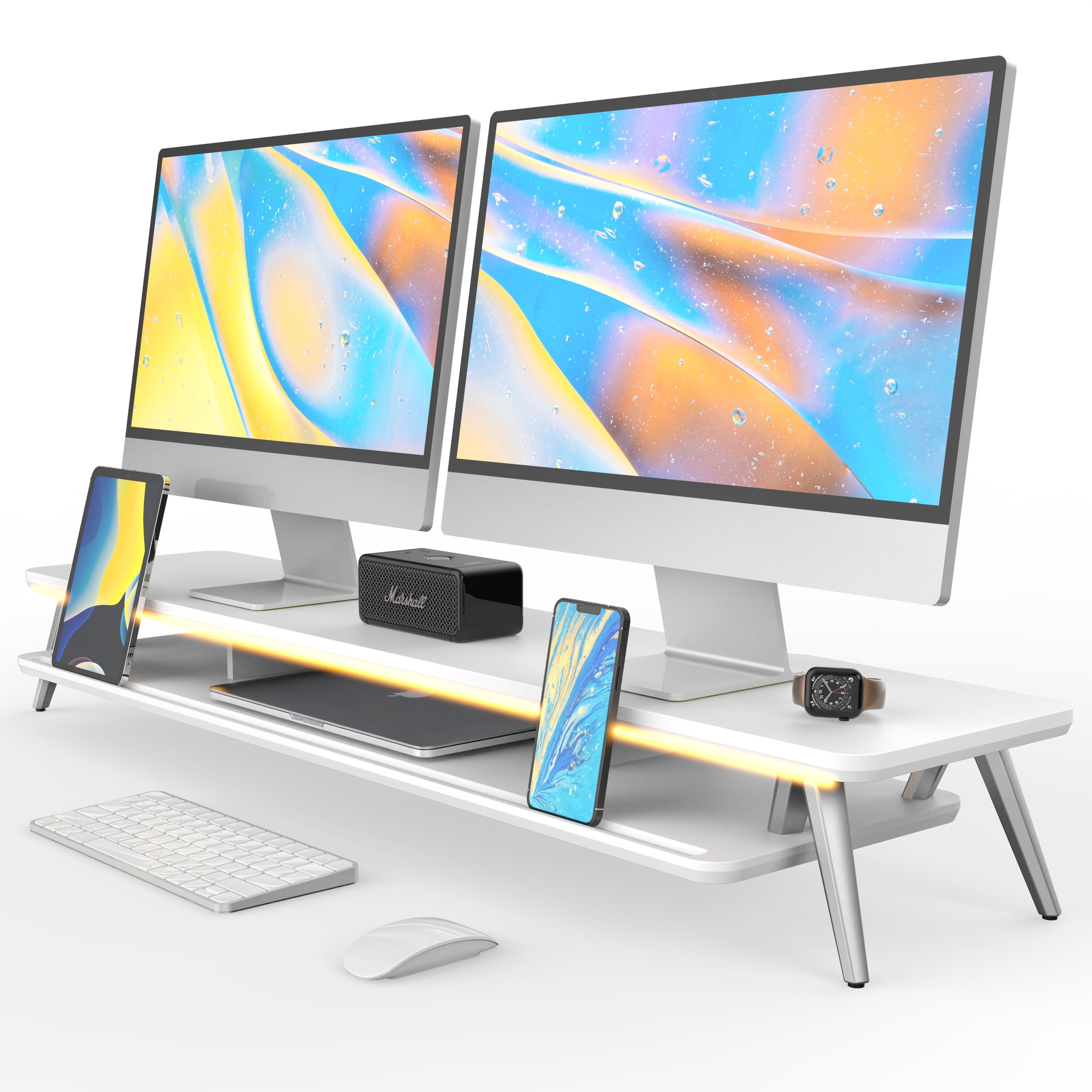 Dual Monitor Stand, 42.5 Inch Wood Desk Shelf with Storage Organizer and Cable Management for Office Desk Accessories