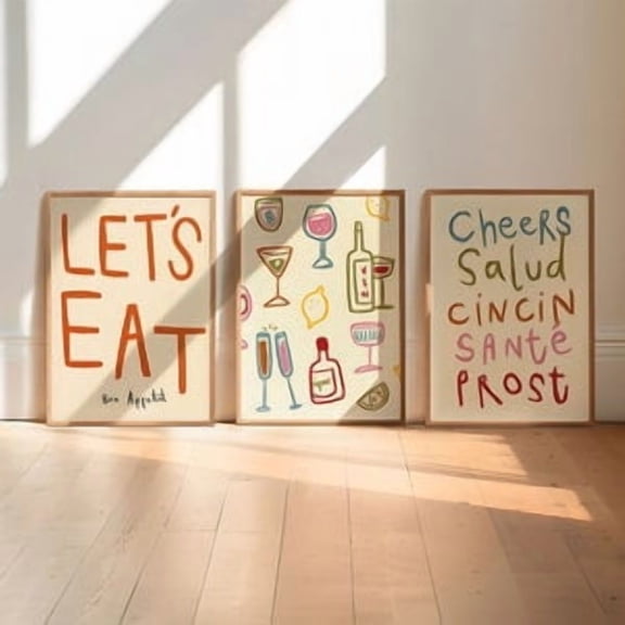 Set of 3 Dining Prints, Colourful Cheers Print, Retro Wall Art, Kitchen Wall Prints, Aesthetic Decor, Gallery Wall, Home Inspo, Poster Only