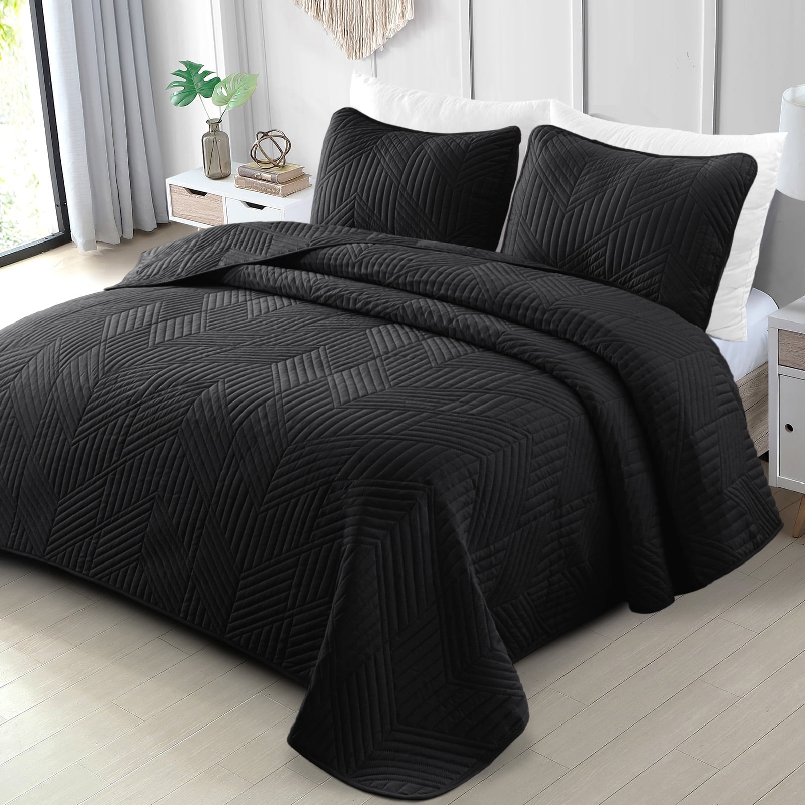 Exclusivo Mezcla Ultrasonic Full Queen Quilt Bedding Set, Lightweight Black Bedspreads Soft Modern Geometric Coverlet Set