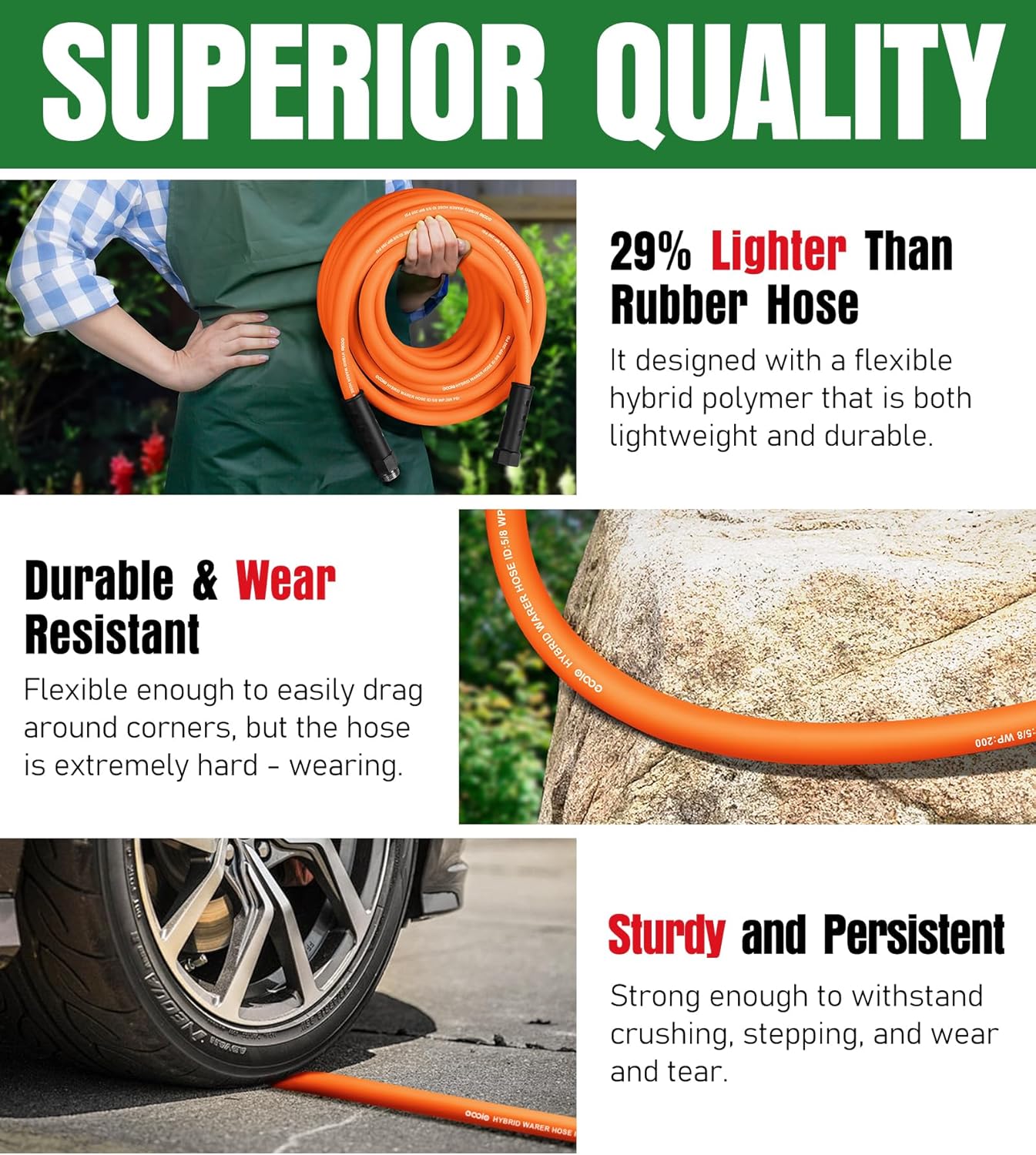 25 ft Non-Expanding Flexible Garden Hose, Kink Resistant Lightweight Hybrid Water Hose with Male to Female Fittings