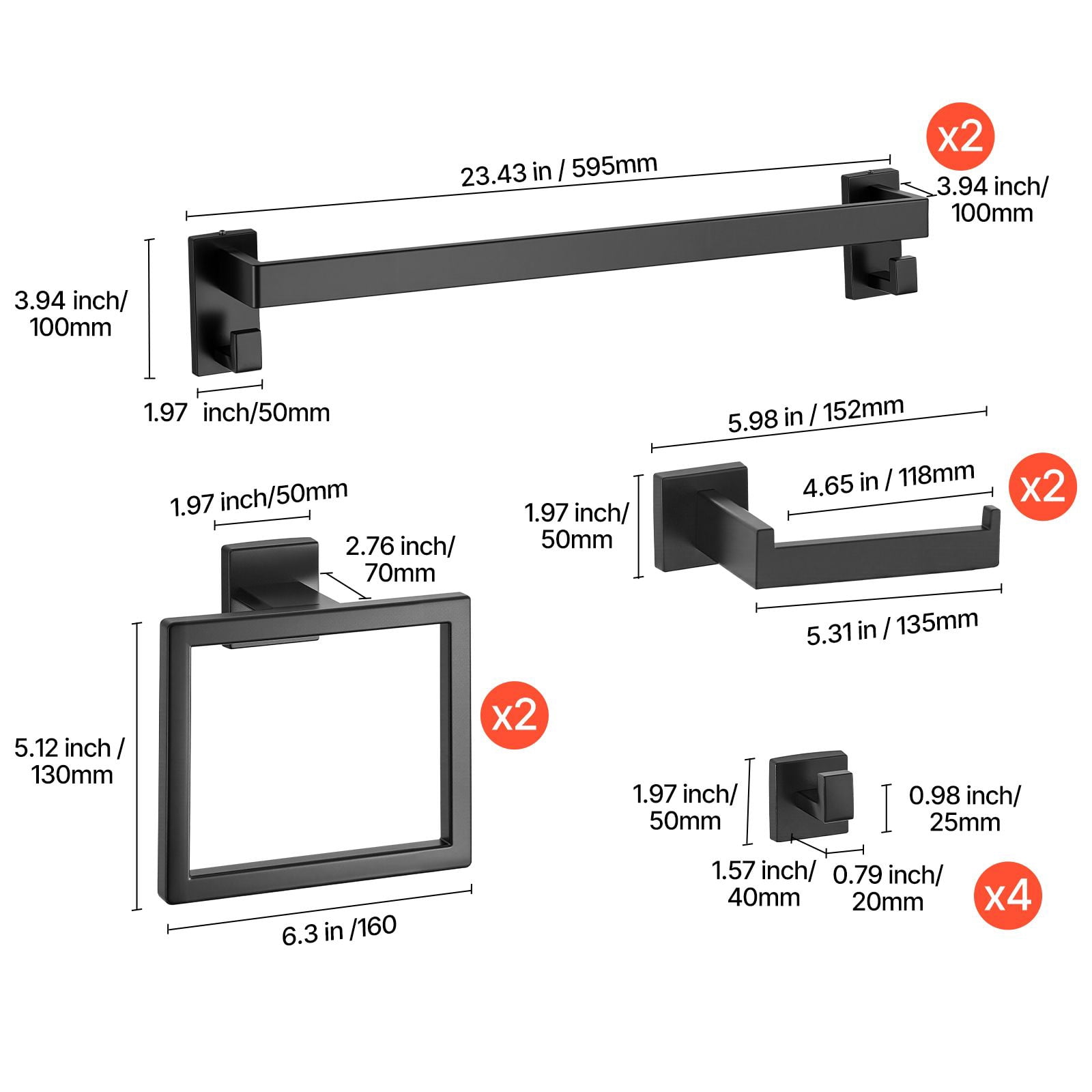 10-Piece Bathroom Hardware Set, Matte Black Stainless Steel, Includes 2 Towel Bars with Hooks, 2 Towel Racks, 2 Toilet Paper Holders & 4 Robe Hooks, Wall-Mounted