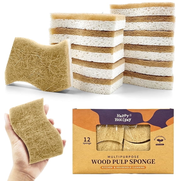 12 Pack Natural Kitchen Sponge, Biodegradable Compostable Cellulose and Coconut Scrubber Sponge, Eco Friendly Non-Scratch Scrub Sponge, Household Cleaning Sponge for Dishes