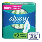 Always Ultra Thin Pads with Wings, Size 2, Long Super Absorbency, 58 CT